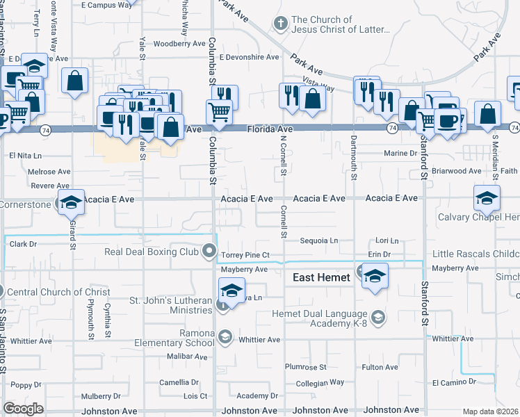 map of restaurants, bars, coffee shops, grocery stores, and more near 41160 Orange Place in Hemet