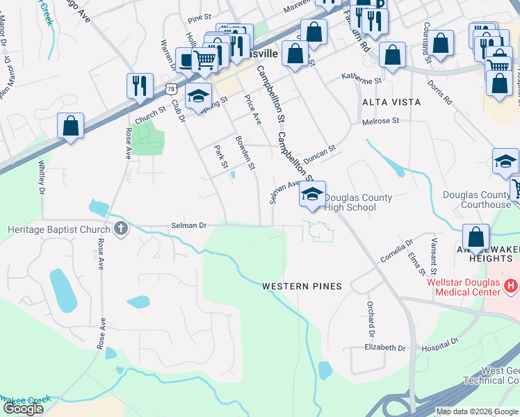 map of restaurants, bars, coffee shops, grocery stores, and more near 8732 Bowden Street in Douglasville