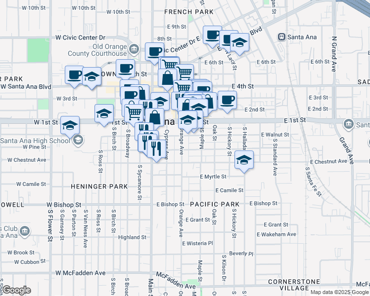 map of restaurants, bars, coffee shops, grocery stores, and more near 212 Orange Avenue in Santa Ana