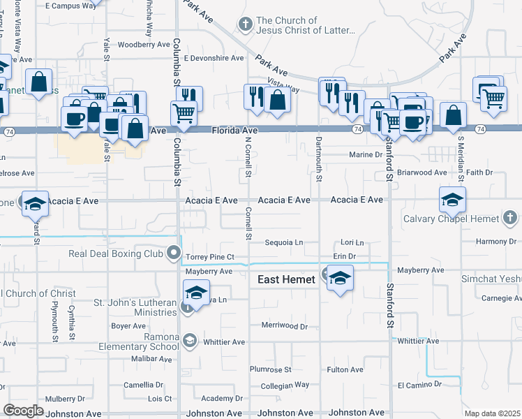 map of restaurants, bars, coffee shops, grocery stores, and more near 41284 Orange Place in Hemet