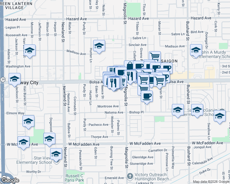 map of restaurants, bars, coffee shops, grocery stores, and more near 8900 Bolsa Avenue in Westminster