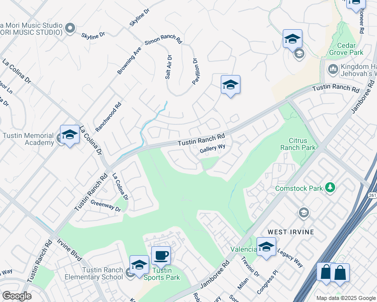 map of restaurants, bars, coffee shops, grocery stores, and more near 112 Gallery Way in Tustin