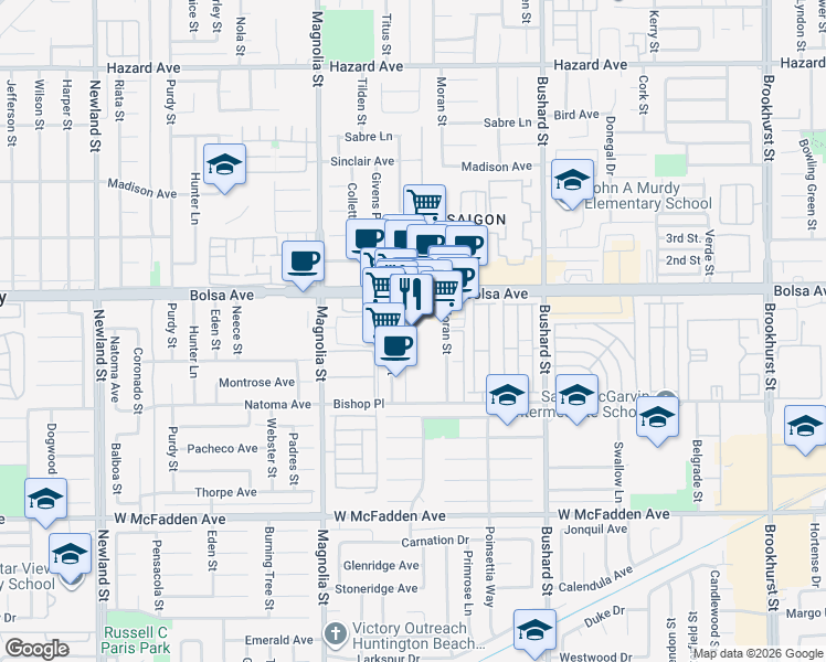 map of restaurants, bars, coffee shops, grocery stores, and more near 9200 Bolsa Avenue in Westminster