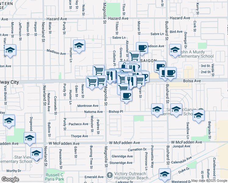 map of restaurants, bars, coffee shops, grocery stores, and more near 15110 Henley Drive in Westminster
