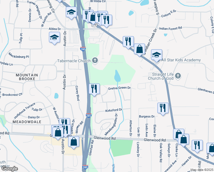 map of restaurants, bars, coffee shops, grocery stores, and more near 3956 Gretna Green Drive in Decatur