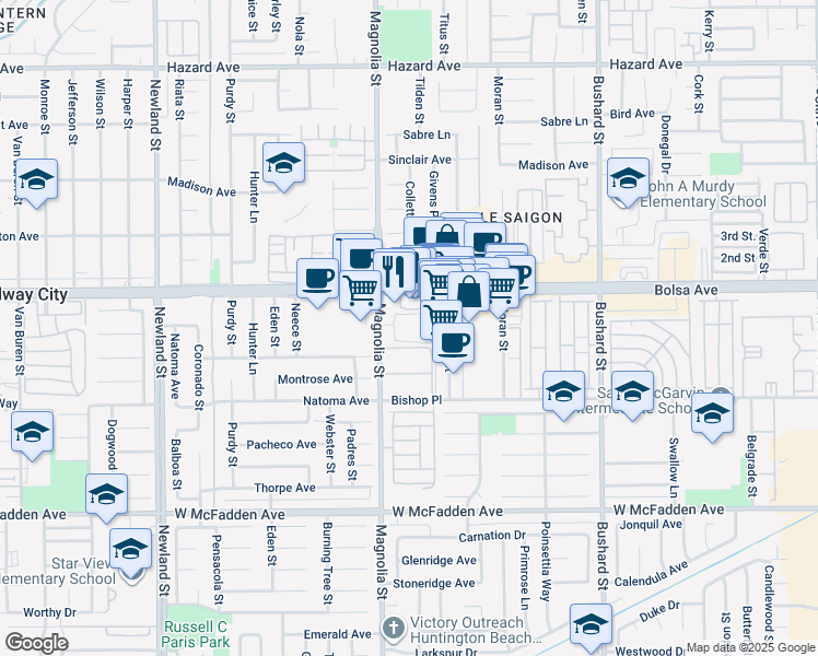 map of restaurants, bars, coffee shops, grocery stores, and more near 15110 Henley Drive in Westminster