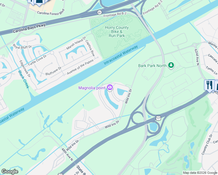 map of restaurants, bars, coffee shops, grocery stores, and more near 4855 Luster Leaf Circle in Myrtle Beach