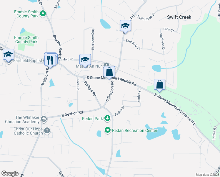 map of restaurants, bars, coffee shops, grocery stores, and more near in Redan