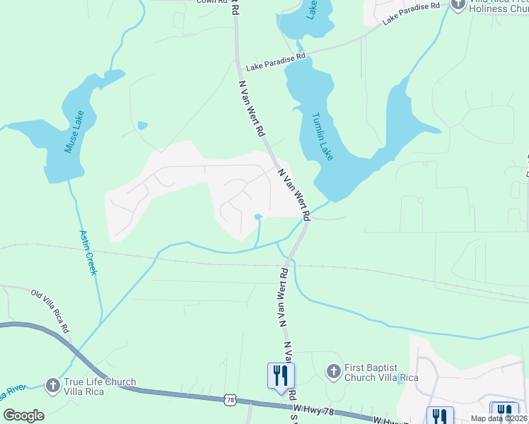 map of restaurants, bars, coffee shops, grocery stores, and more near 512 Weston Court in Villa Rica