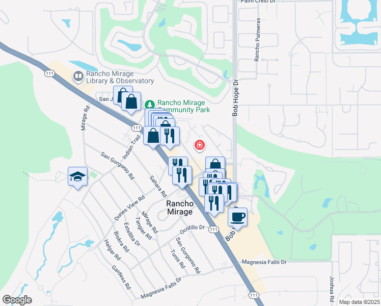 map of restaurants, bars, coffee shops, grocery stores, and more near 71780 San Jacinto Drive in Rancho Mirage