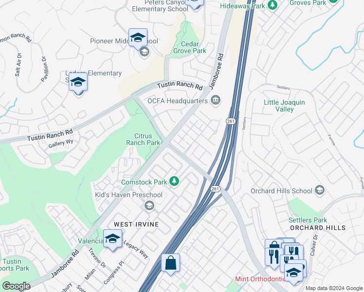 map of restaurants, bars, coffee shops, grocery stores, and more near Ardmore in Irvine