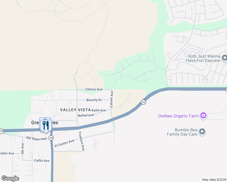 map of restaurants, bars, coffee shops, grocery stores, and more near 26036 Calvert Avenue in Hemet