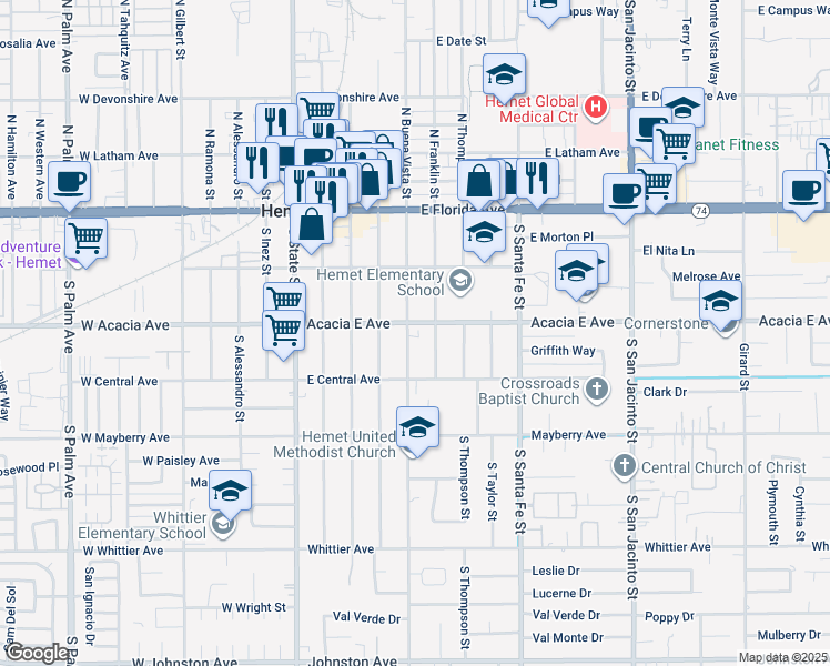 map of restaurants, bars, coffee shops, grocery stores, and more near 258 South Buena Vista Street in Hemet