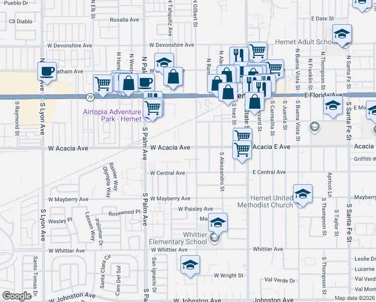 map of restaurants, bars, coffee shops, grocery stores, and more near 424 West Acacia Avenue in Hemet