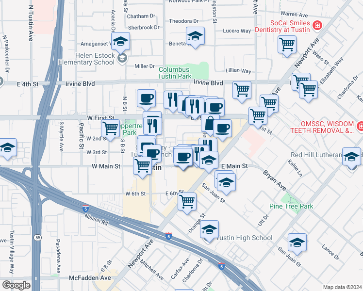 map of restaurants, bars, coffee shops, grocery stores, and more near 340 East 2nd Street in Tustin
