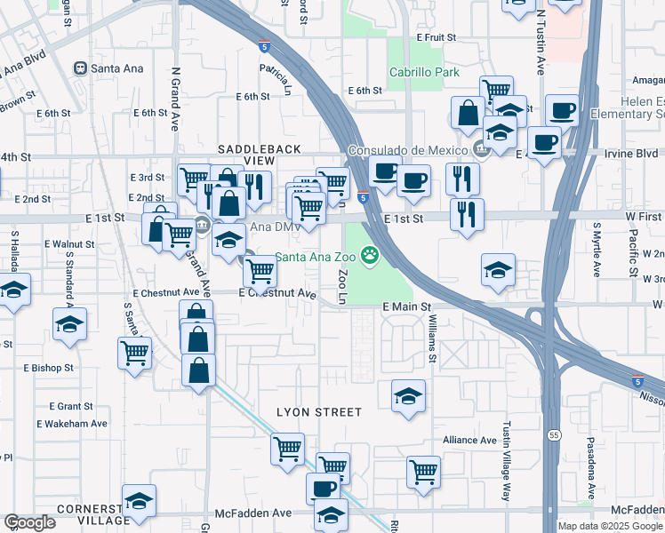 map of restaurants, bars, coffee shops, grocery stores, and more near 241 South Lyon Street in Santa Ana