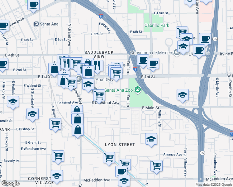 map of restaurants, bars, coffee shops, grocery stores, and more near 214 South Lyon Street in Santa Ana