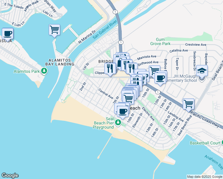 map of restaurants, bars, coffee shops, grocery stores, and more near 235 6th Street in Seal Beach