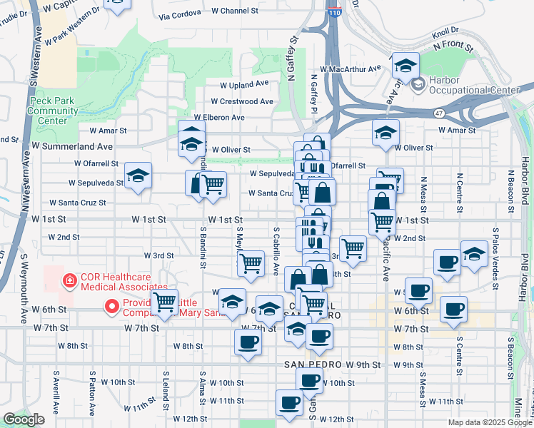 map of restaurants, bars, coffee shops, grocery stores, and more near 138 North Cabrillo Avenue in Los Angeles