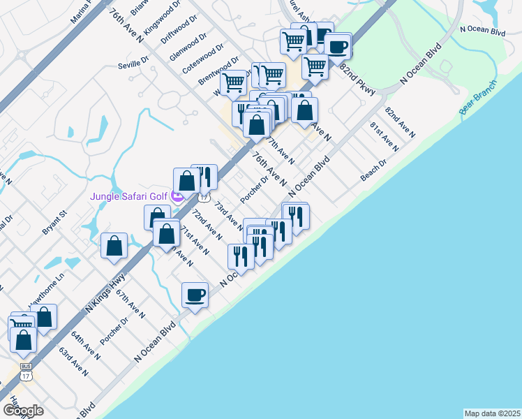 map of restaurants, bars, coffee shops, grocery stores, and more near 303 75th Avenue North in Myrtle Beach