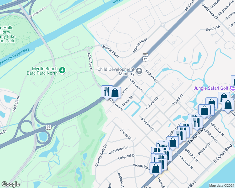 map of restaurants, bars, coffee shops, grocery stores, and more near 6211 Blynn Drive in Myrtle Beach