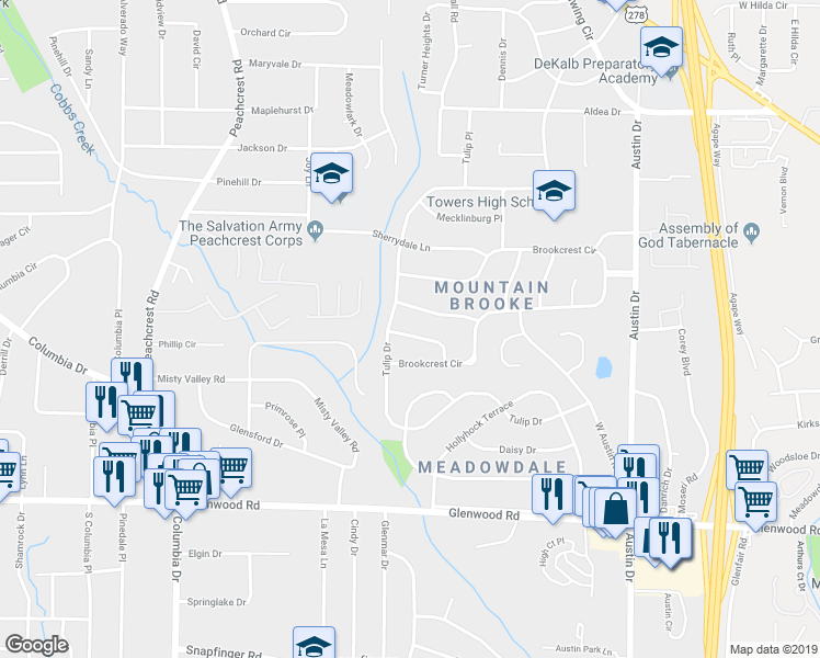 map of restaurants, bars, coffee shops, grocery stores, and more near 3594 Hillsborough Lane in Decatur