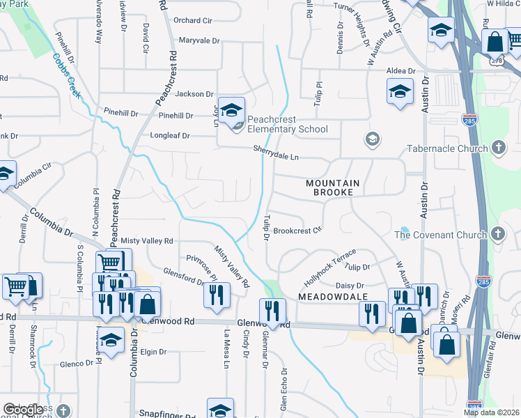 map of restaurants, bars, coffee shops, grocery stores, and more near 3543 Sweetgum Lane in Decatur