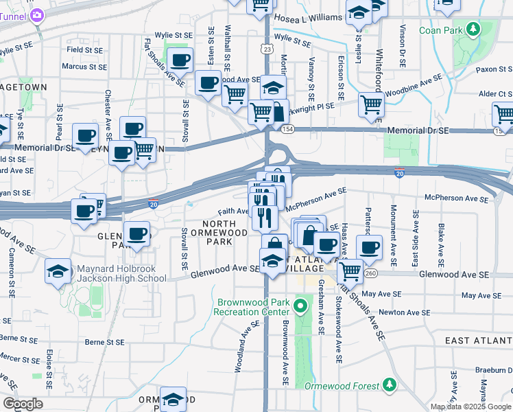 map of restaurants, bars, coffee shops, grocery stores, and more near 355 Moreland Avenue Southeast in Atlanta