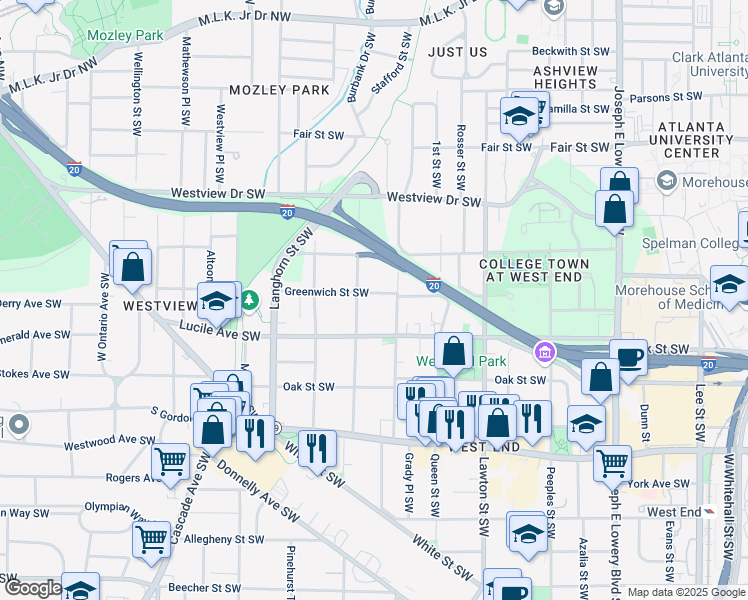 map of restaurants, bars, coffee shops, grocery stores, and more near 1238 Greenwich Street Southwest in Atlanta