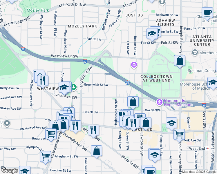 map of restaurants, bars, coffee shops, grocery stores, and more near 405 Atwood Street Southwest in Atlanta