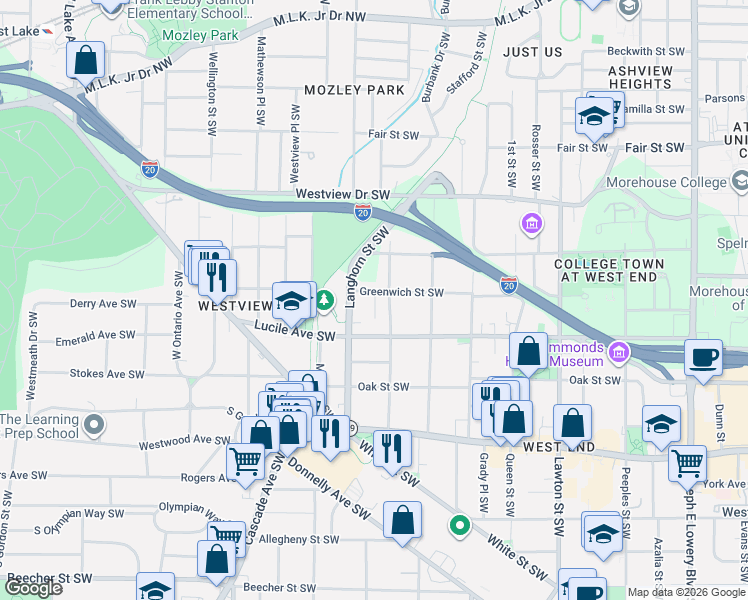 map of restaurants, bars, coffee shops, grocery stores, and more near 1355 Greenwich Street Southwest in Atlanta