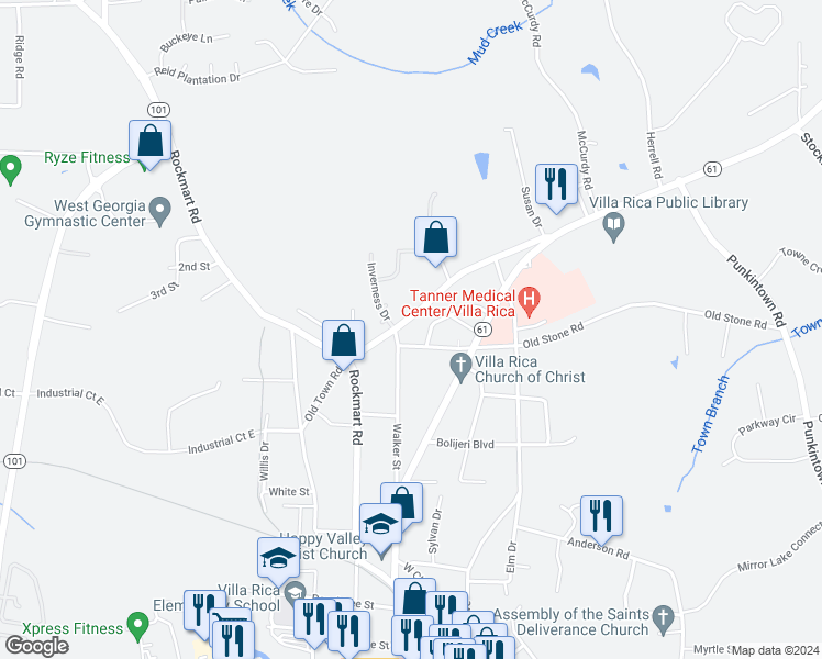 map of restaurants, bars, coffee shops, grocery stores, and more near 301 Kenmore Court in Villa Rica