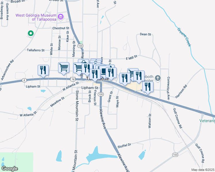 map of restaurants, bars, coffee shops, grocery stores, and more near 38 West Alabama Street in Tallapoosa