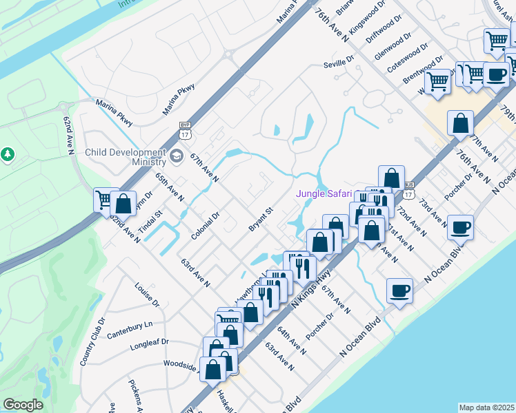 map of restaurants, bars, coffee shops, grocery stores, and more near 782 67th Avenue North in Myrtle Beach