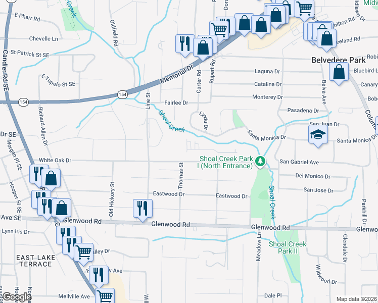 map of restaurants, bars, coffee shops, grocery stores, and more near 1617 Welika Drive in Decatur