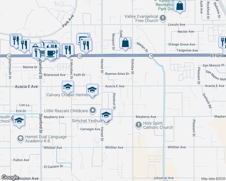 map of restaurants, bars, coffee shops, grocery stores, and more near 42349 Acacia East Avenue in Hemet