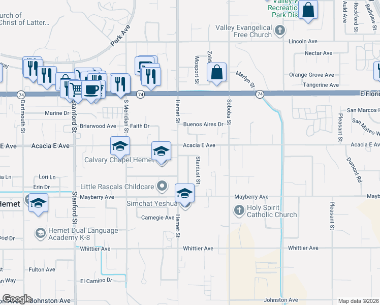 map of restaurants, bars, coffee shops, grocery stores, and more near 42265 Acacia East Avenue in Hemet