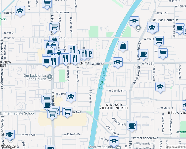 map of restaurants, bars, coffee shops, grocery stores, and more near 3324 Dorsey Drive in Santa Ana