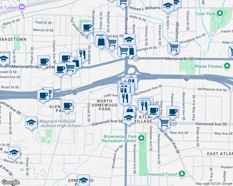 map of restaurants, bars, coffee shops, grocery stores, and more near 1141 Village Court Southeast in Atlanta