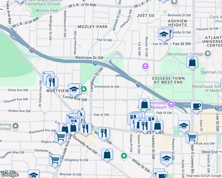 map of restaurants, bars, coffee shops, grocery stores, and more near 405 Atwood Street Southwest in Atlanta
