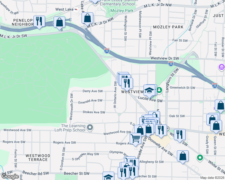 map of restaurants, bars, coffee shops, grocery stores, and more near 410 Ontario Avenue Southwest in Atlanta