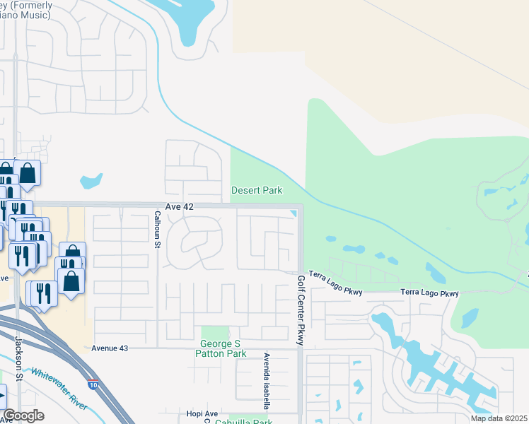 map of restaurants, bars, coffee shops, grocery stores, and more near 83866 Wolf Creek Road in Indio