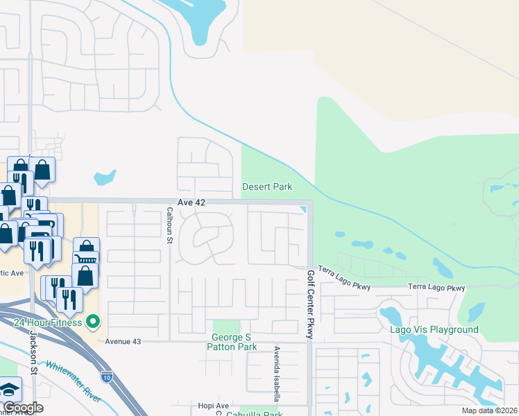 map of restaurants, bars, coffee shops, grocery stores, and more near 83840 Wolf Creek Road in Indio
