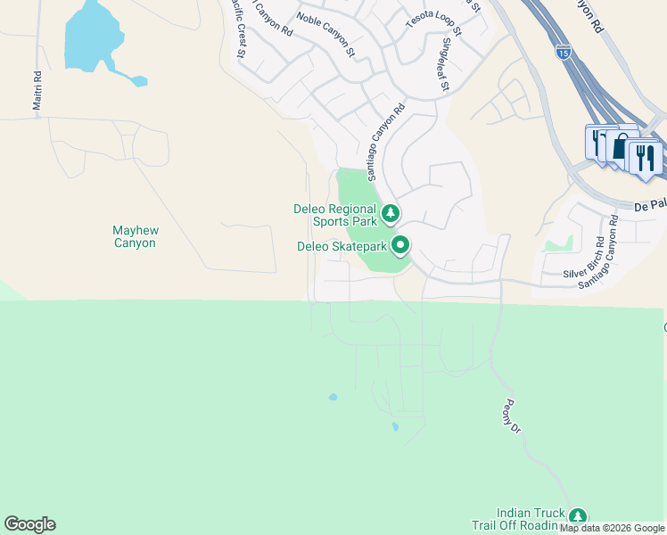 map of restaurants, bars, coffee shops, grocery stores, and more near 11065 Quince Court in Corona