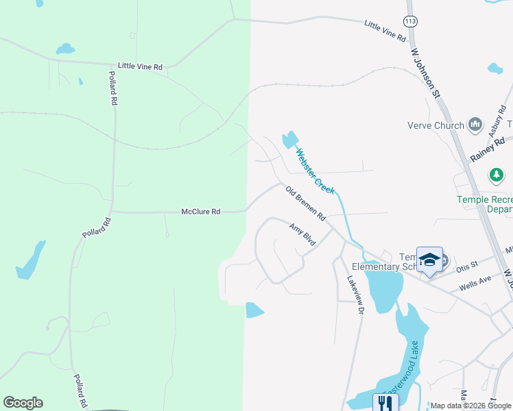 map of restaurants, bars, coffee shops, grocery stores, and more near 62 McClure Road in Temple