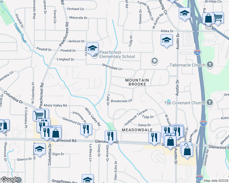 map of restaurants, bars, coffee shops, grocery stores, and more near 3594 Hillsborough Lane in Decatur