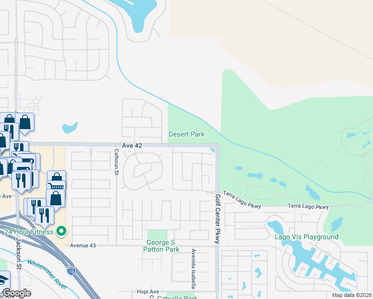 map of restaurants, bars, coffee shops, grocery stores, and more near 83840 Wolf Creek Road in Indio