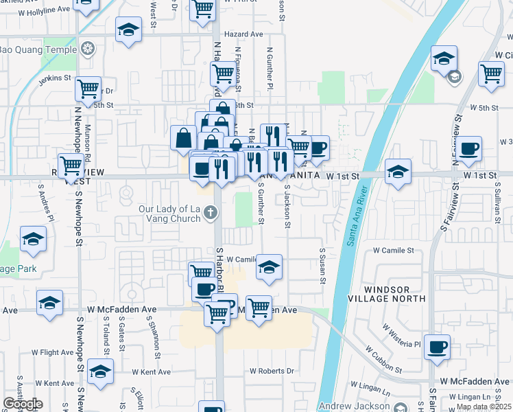 map of restaurants, bars, coffee shops, grocery stores, and more near 210 South Gunther Street in Santa Ana