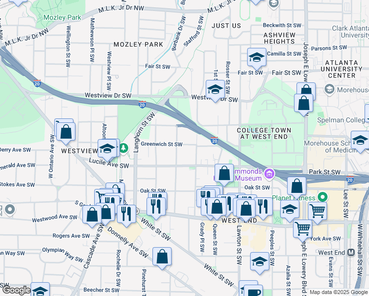 map of restaurants, bars, coffee shops, grocery stores, and more near 1238 Greenwich Street Southwest in Atlanta