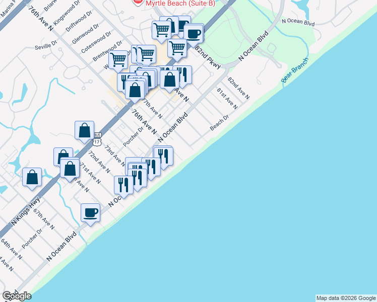map of restaurants, bars, coffee shops, grocery stores, and more near 201 77th Avenue North in Myrtle Beach